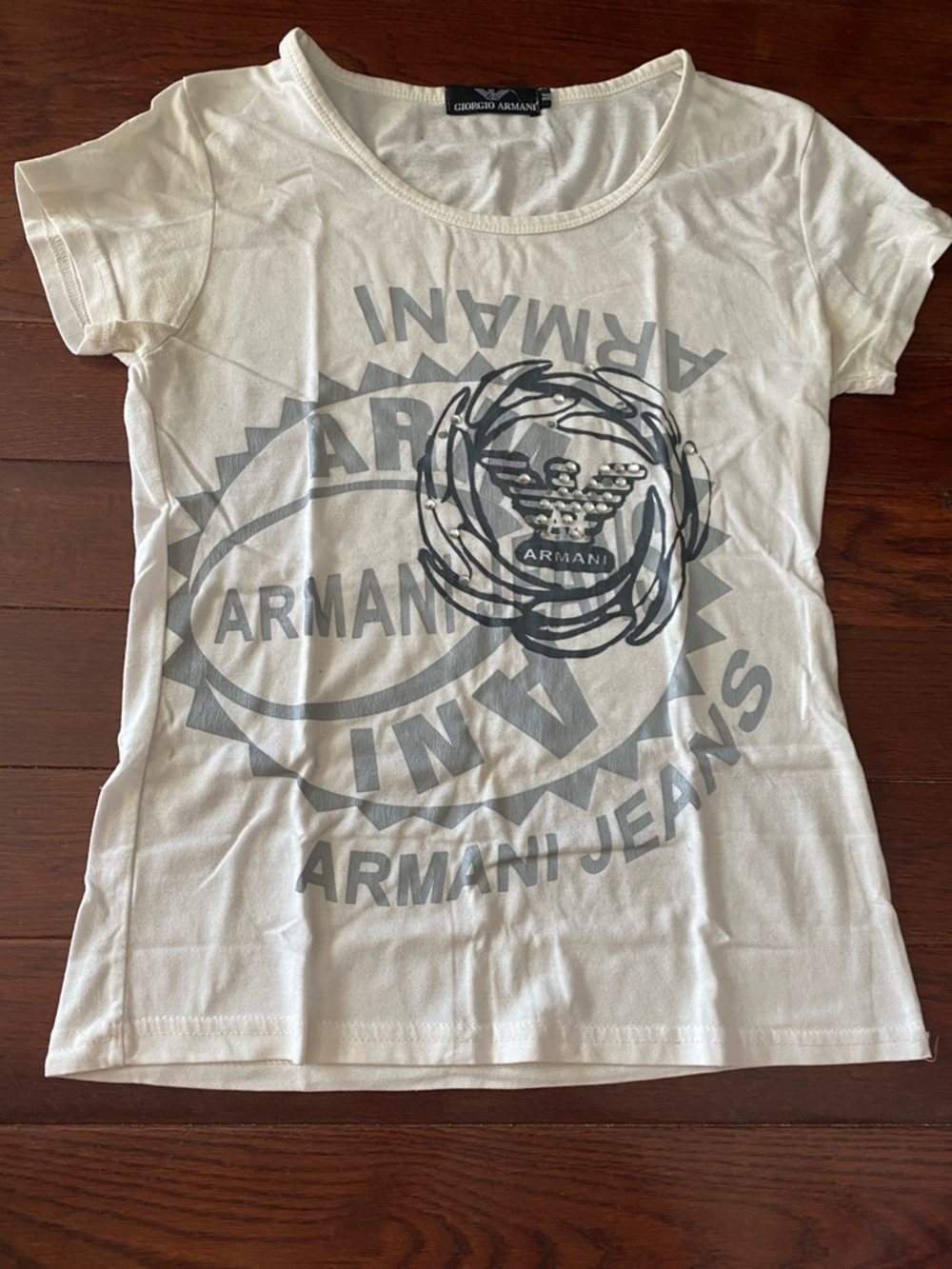 Giorgio Armani White Short Sleeve Logo Tee with Gray Print